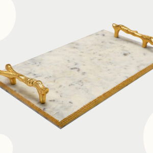 Marble serving tray gold handles, Branch handle decorative tray, White and gold coffee table tray, Luxury cheese platter, Vanity tray for perfumes, Nature inspired home décor, Marble finish organizer, Wedding gift serving items, Antique gold rim tray, Elegant breakfast tray