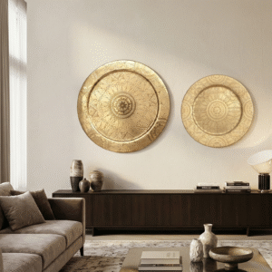 Gold wall decor set Modern home accents Metal wall art living room Luxury office decor Mandala wall hanging Festive gift items Contemporary wall plates Minimalist room decoration Housewarming gift set Wall decor for study room