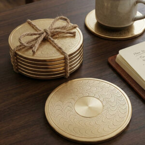 champagne gold coasters for table, luxury metal tea coaster set, modern brass drink coasters, premium office desk accessories, heat resistant table mats gold, decorative coasters for living room, indian handicrafts gift items, durable coffee mug holder pad, elegant barware accessories set, housewarming gifts under 1000.