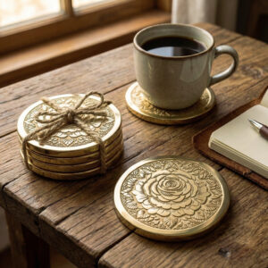 gold metal coasters set of 6, antique brass tea coasters for table, luxury table top decor items, heat resistant coffee mug mats, floral embossed coaster set, premium diwali gift items for home, designer coasters for dining table, rustic home decor accessories, metal candle holder base plate, fancy drink coasters for office desk.