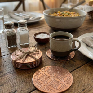 Antique Copper Coasters, Metal Tea Coasters, Rose Gold Table Decor, Premium Drink Placement, Farmhouse Kitchen Decor, Heat Resistant Mats, Luxury Tableware Gift, Round Embossed Coasters, Coffee Table Accessories, Diwali Home Decoration.