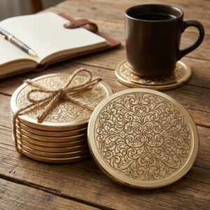 Antique gold coasters, metal tea coasters set of 6, luxury table decor items, brass finish coffee coaster, dining table accessories gold, fancy coasters for gift, absorbent coaster alternative, premium home decor India, vintage engraved coasters, Diwali decoration items for home.