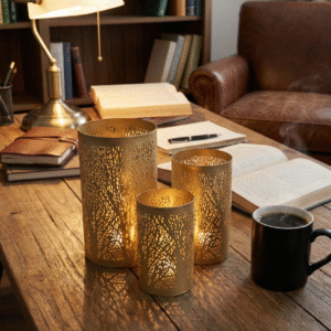 The Perfect Glowing Gift: Premium Gold Tealight Holder Set for Diwali, Housewarmings, & Festive Home Decor. Gold tealight holder, aesthetic room decor items, metal votive candle stand, study table accessories, Diwali decoration lights, modern home decor living room, shadow casting lamp, office desk decor, housewarming gift ideas, candle holder for centerpiece.