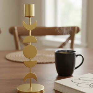 Moon phase candle holder, gold T-light stand, minimalist home decor, office desk accessories, celestial room decor, festive gifting ideas, modern metal candle stand, study table decoration, Diwali gift items, contemporary tea light holder.