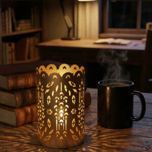 Gold votive holder, tealight candle holder for home decoration, aesthetic room decor items, metal shadow candle stand, table decor for study, diwali decoration items for home, modern office desk accessories, candle holder for living room, housewarming gifts for new home, geometric candle lantern.