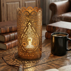 Gold tealight holder, decorative candle stand, shadow casting lamp, aesthetic desk accessories, home decor for living room, Diwali gift items under 500, metal votive holder, study table decor, modern centerpiece, candle holder for gifting.