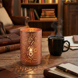 Copper candle holder, metal tealight stand, laser cut votive, decorative shadow lamp, modern home decor, study table accessories, rose gold candle stand, festive gift items, minimalist room decor, ambient desk lighting.