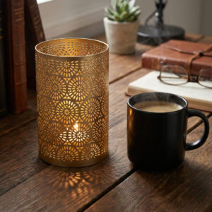 Metal tealight holder, decorative candle stand, laser cut votive, modern home decor, festive gift ideas, office desk accessories, ambient room lighting, copper candle holder, minimalist centerpiece, housewarming gift items.