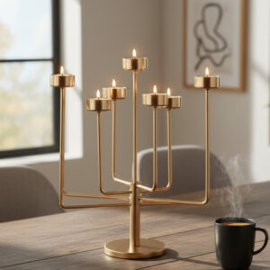 Gold Candelabra Stand, 7-Tier Tealight Holder, Minimalist Metal Candle Tree, Modern Centerpiece for Dining Table, Luxury Festive Home Decor, Nordic Style Candle Stand, Office Desk Aesthetic Decor, Housewarming Gift Ideas, Gold Wedding Centerpieces, Contemporary Mantle Decor.