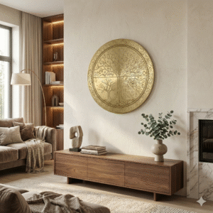 Tree of life wall décor, Four seasons wall art, Gold metal wall hanging, Spiritual home décor, Vastu items for home entrance, Round metal wall art, Nature themed wall decoration, Luxury living room accents, Tree of life gift item, Etched metal wall plate