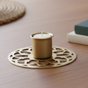 Gold Floral Tealight Holder, Minimalist Candle Stand, Modern Metal Home Decor, Decorative Tealight Holder for Gift, Office Desk Candle Accessory, Diwali Decoration Items, Small Gold Centerpiece, Contemporary Bedside Decor, Metal Lace Candle Base, Luxury Housewarming Gift.