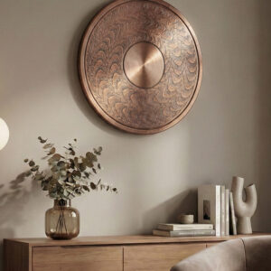 Copper wall décor, Bronze metal wall art, Textured wall plate, Rustic home decoration, Industrial chic wall hanging, Living room copper accents, Round metal wall décor, Antique finish wall art, Office wall decoration items, Unique housewarming gift