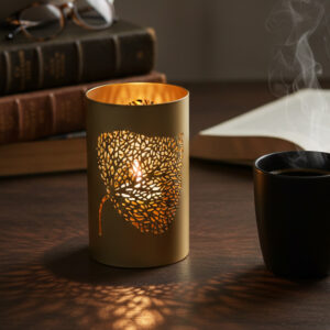 gold votive candle holder with shadows minimalist metal tealight holder for home aesthetic room decor for study table Diwali decoration items for living room modern leaf pattern candle stand unique housewarming gifts under budget champagne gold table centerpiece cozy reading nook accessories shadow casting tea light holder contemporary bedside table decor