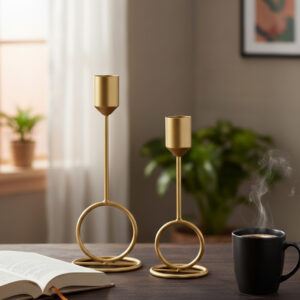Gold candle holder set of 2, Modern taper candle stand for table, Geometric metal candle holder, Aesthetic room decor for study table, Nordic style home decoration items, Candlelight dinner props for couple, Diwali decoration items for home, Minimalist gold centerpiece for dining, Luxury housewarming gifts ideas, Decorative candle stand for living room