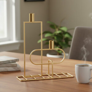 Abstract geometric candle holder gold, Modern art candle stand for table, Architectural home decor accents, 2-tier metal taper candle holder, Unique centerpiece for dining table, Luxury Diwali decoration items, Gold wireframe candle stand, Aesthetic desk accessories for office, Contemporary housewarming gifts, Designer candle holders for mantle