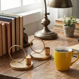 Champagne Gold Candle Holder Minimalist Home Decor Metal Tea Light Stand Modern Desk Accessories Study Table Decor Items Geometric Votive Holder Office Desk Organizer Decor Festive Gift Set Home Contemporary Living Room Accents Aesthetic Room Decor