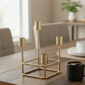 Square geometric candle holder gold, 4 arm metal candelabra centerpiece, Modern dining table decoration items, Industrial style candle stand, Gold taper candle holder for wedding, Tiered candle stand for living room, Diwali home decor gifts online, Architectural desk accessories, Nordic cube candle holder, Premium candlelight dinner props