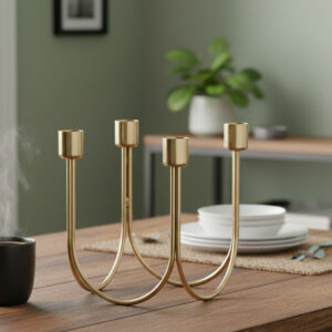 Modern gold candelabra centerpiece, 4 arm taper candle holder, Curved metal candle stand, Dining table decor items for family, Minimalist candlelight dinner accessories, Wedding centerpiece ideas gold, Diwali decoration candle stand, Luxury home accents for living room, Aesthetic gifts for home decor lovers, Elegant candle holder for mantle