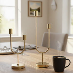 Modern U-Shape Gold Candle Holder Set (Pack of 2): Minimalist Twin-Arm Candelabras for Dining & Mantle Decor
