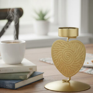 Gold heart shaped candle holder, Tea light stand for home decoration, Romantic valentine gift for her, Embossed metal candle holder, Spiritual home decor items, Gold votive candle stand, Living room coffee table accessories, Unique anniversary gifts ideas, Bohemian style candle décor, Small metal showpiece for shelf