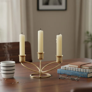 3 arm gold candle holder, Vintage style taper candelabra, Floral shape candle stand metal, Antique gold centerpiece for table, Aesthetic desk decor for study, Diwali decoration items for home, Candlelight dinner props for home, Metal candle holder for 3 wicks, Cozy room decor accessories