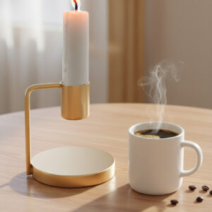 Single taper candle holder gold, Minimalist desk decor aesthetic, Modern candle stand for study table, Suspended arm candle holder, Nordic style home accessories, Small centerpiece for coffee table, Unique housewarming gifts for friends, Gold metal candle stick holder, Office table decoration items, Contemporary bedside decor