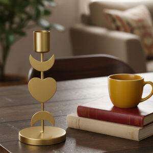 Celestial candle holder gold, Moon and heart decor aesthetic, Boho style home accessories, Spiritual gift for her, Gold taper candle stand metal, Reading nook lighting ideas, Unique valentine's day gift home, Mystical room decor items, Aesthetic desk accessories, Modern metal showpiece for table,