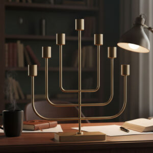 7 arm gold candelabra, Modern menorah style candle holder, Large geometric centerpiece for table, Multi taper candle stand metal, Luxury fireplace mantle décor, Gold wedding centerpiece ideas, Contemporary 7 light candle holder, Festive home decoration items, Minimalist metal candelabra, Statement dining room accessories