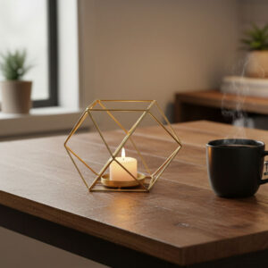 Geometric tea light holder gold, Modern wire candle stand Nordic style home decor items, Hexagonal metal candle holder, Industrial votive holder centerpiece, 3D geometric decor accents, Aesthetic gifts for office desk, Diwali decoration lights holder, Trendy coffee table accessories, Shadow casting candle stand