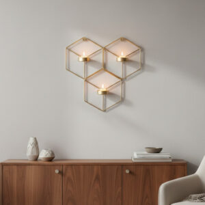 Geometric wall candle holder gold, Metal wall sconce for tea lights, 3D wall art decor for living room, Modern hanging candle stand, Nordic style wall decoration, Triple tea light holder wall mount, Industrial wall decor accents, Diwali light decoration for wall, Unique housewarming gifts wall art, Wireframe wall sculpture gold