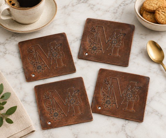 Copper Floral M Monogram Coaster Set of 4 — main view
