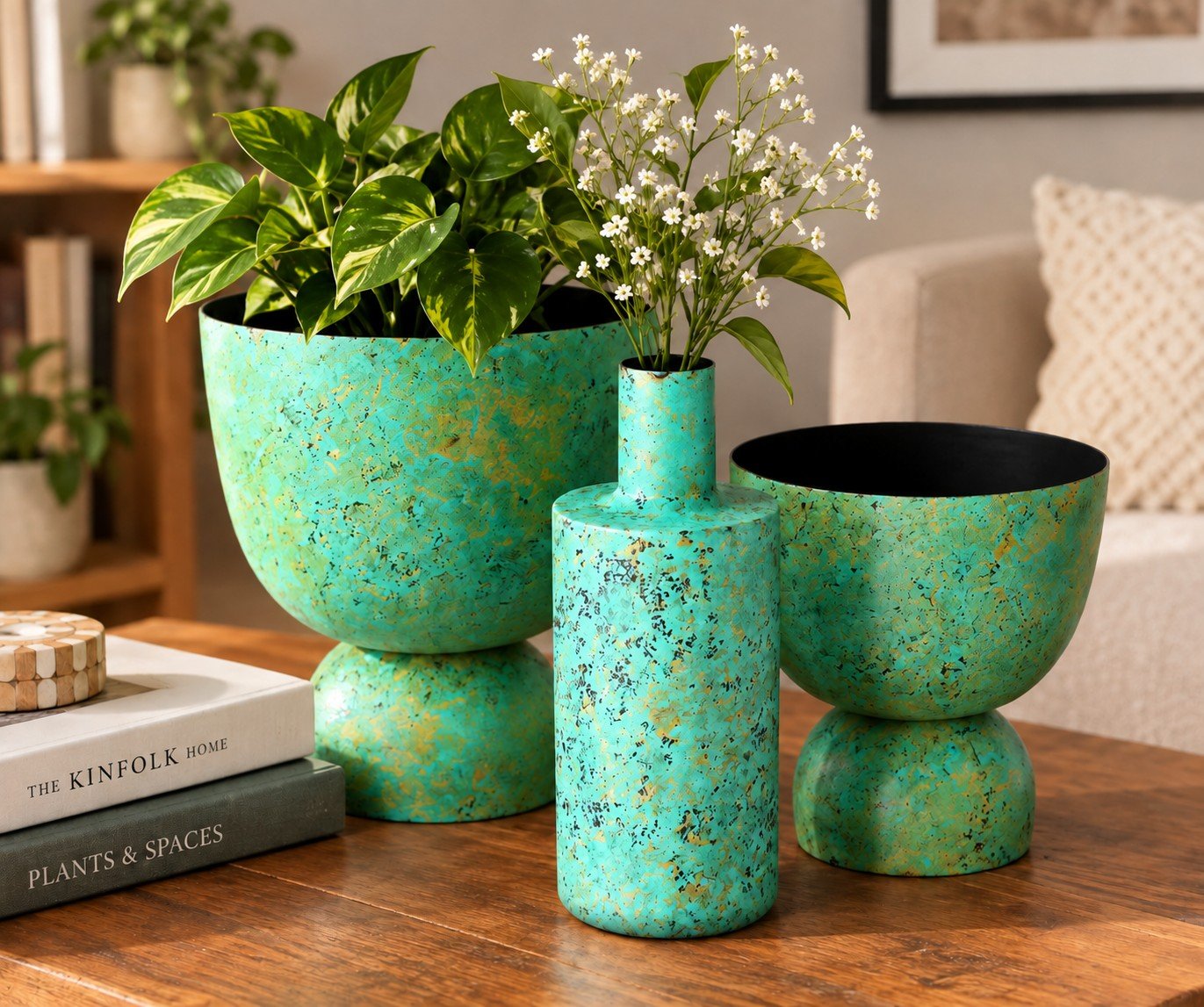 Turquoise Patina Planter and Vase Set — main view
