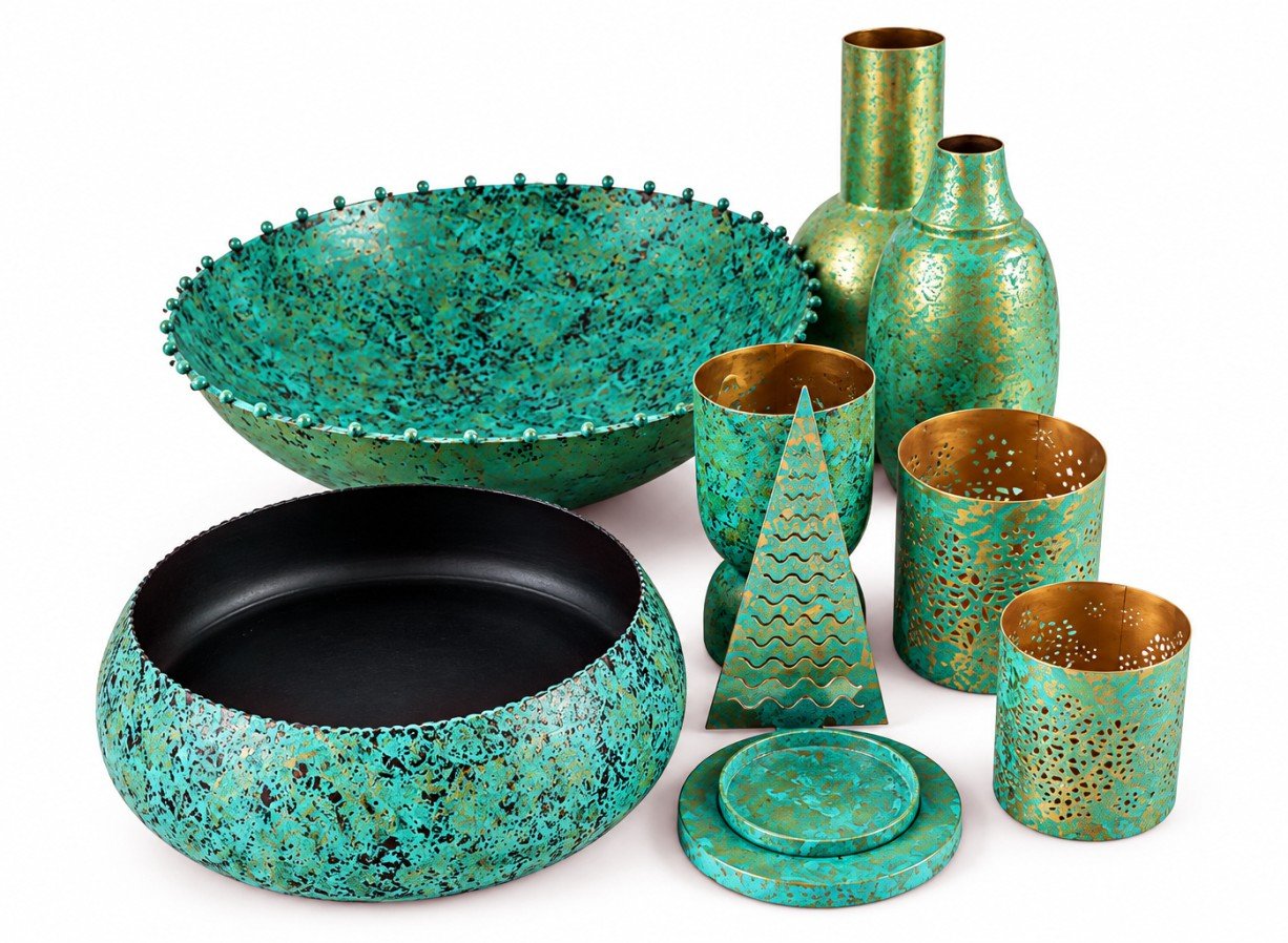 Turquoise Patina Bowl and Vase Décor Set of 8 — detail view 1