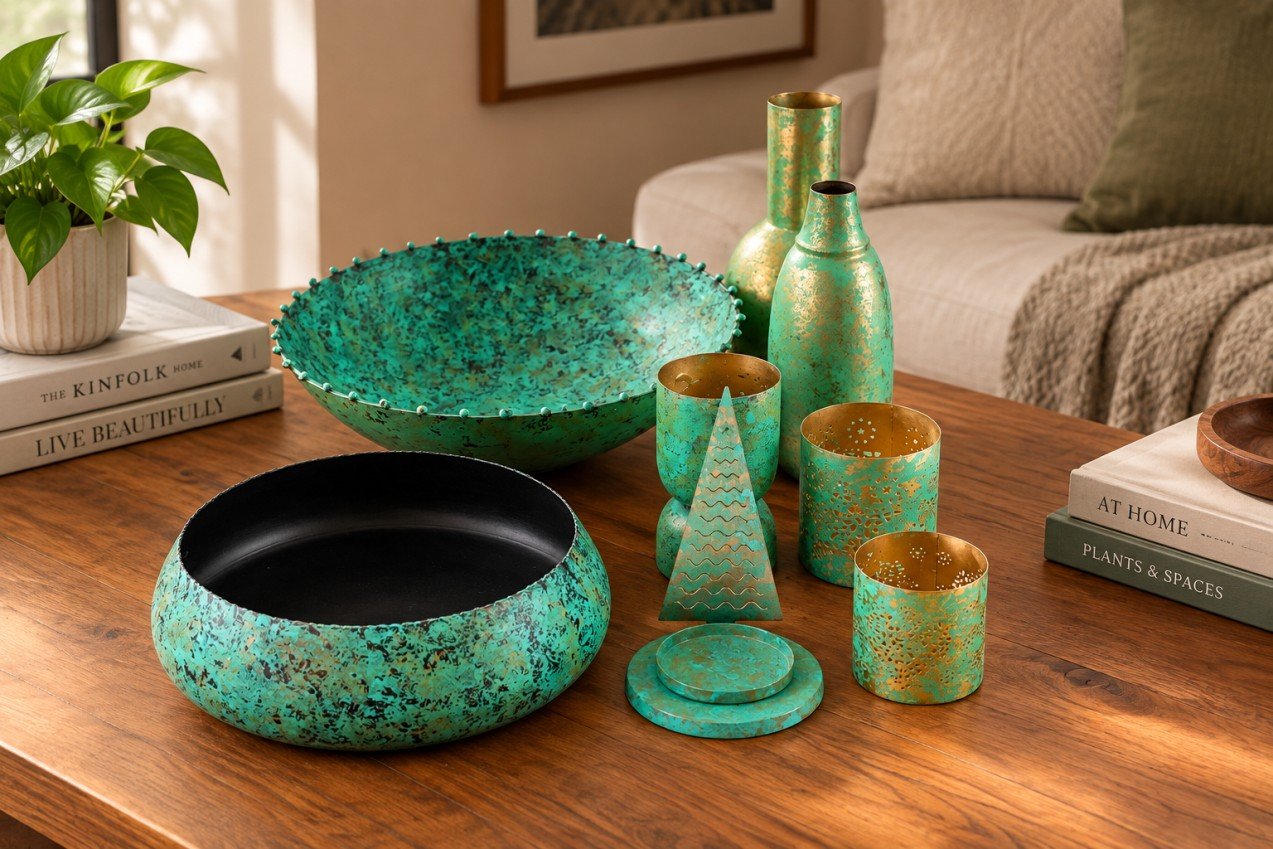 Turquoise Patina Bowl and Vase Décor Set of 8 — main view